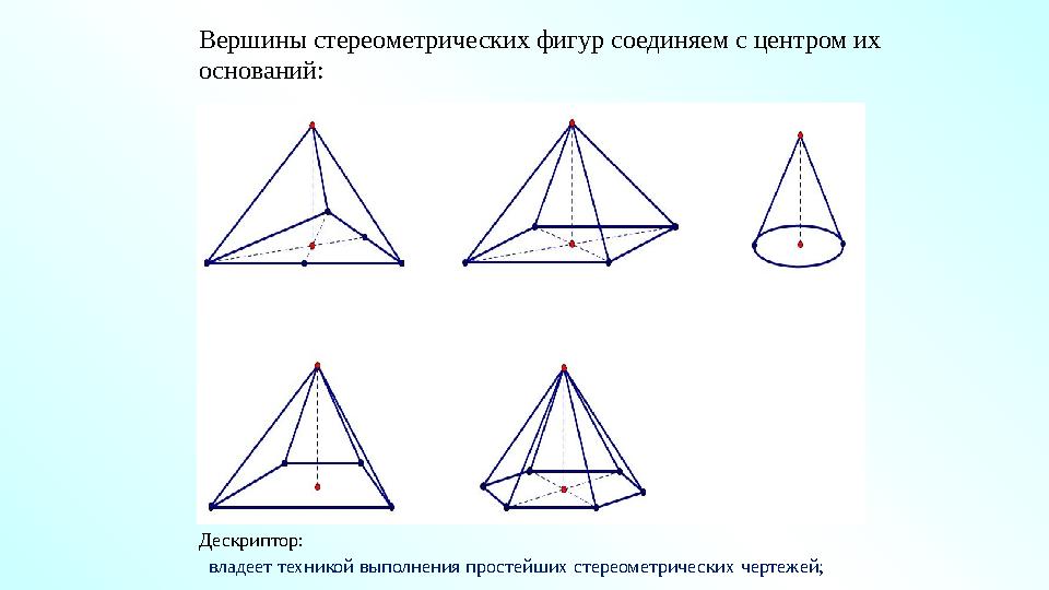 Вершины стереометрических фигур соединяем с центром их оснований: Дескриптор: владеет техникой выполнения простейших стереометр