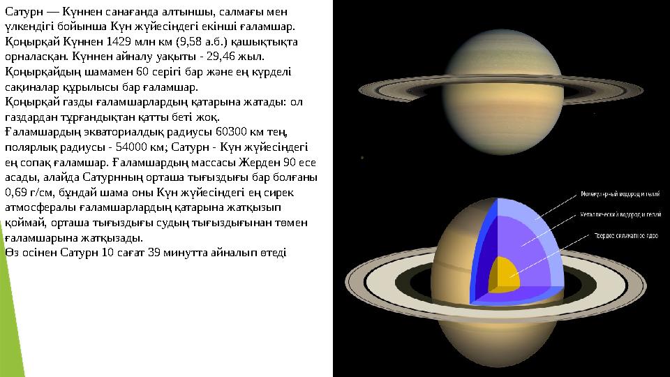 Сатурн — Күннен санағанда алтыншы, салмағы мен үлкендігі бойынша Күн жүйесіндегі екінші ғаламшар. Қоңырқай Күннен 1429 млн км (
