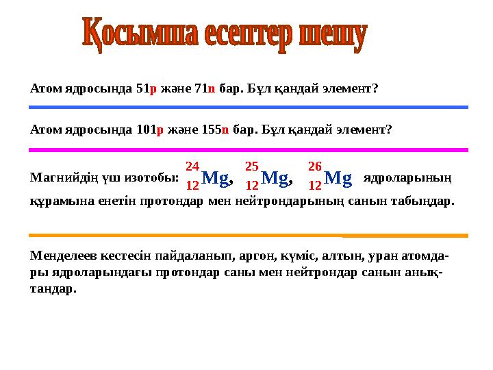 Атом ядросында 51 р және 71 n бар. Бұл қандай элемент? Атом ядросында 101 р және 155 n бар. Бұл қандай элемент? Магнийдің үш