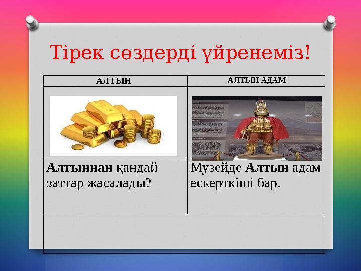 Тірек сөздерді үйренеміз! АЛТЫН АЛТЫН АДАМ Алтыннан қандай заттар жасалады? Музейде Алты