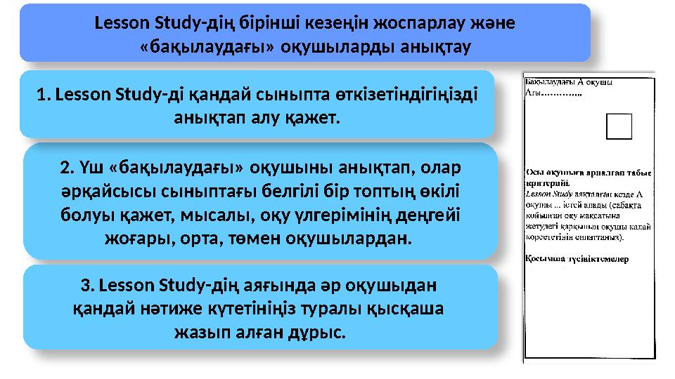 Lesson Study -дің бірінші кезеңін жоспарлау және «бақылаудағы» оқушыларды анықтау 2. Үш «бақылаудағы» оқушыны анықтап, олар әр