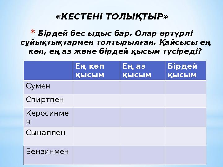 * Бірдей бес ыдыс бар. Олар әртүрлі сұйықтықтармен толтырылған. Қайсысы ең көп, ең аз және бірдей қысым түсіреді? Ең көп қысы