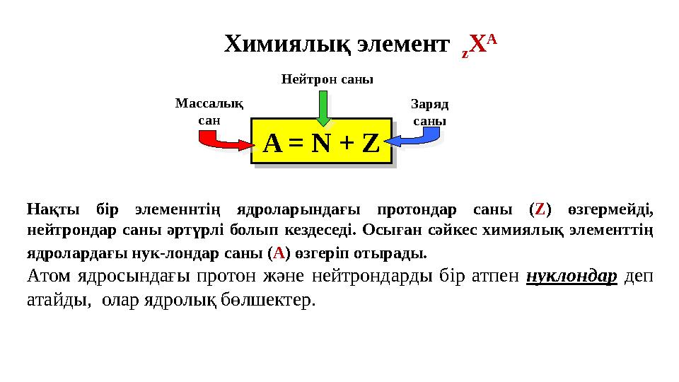 Химиялы қ элемент z Х А A = N + Z Нақты бір элеменнтің ядроларындағы протондар саны ( Z ) өзгермейді, нейтрондар