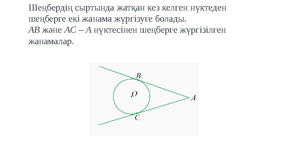 Шеңбердің сыртында жатқан кез келген нүктеден шеңберге екі жанама жүргізуге болады. AB және AC – A нүктесінен шеңберге ж