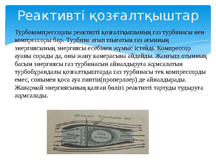  Турбокомпрессорлы реактивті қозғалтқышының газ турбинасы иен компрессоры бар. Турбина ағып шығатын газ ағынның энергиясының