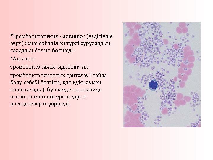 • Тромбоцитопения - алғашқы (өздігінше ауру) және екіншілік (түрлі аурулардың салдары) болып бөлінеді. • Алғашқы тромбоцитопен