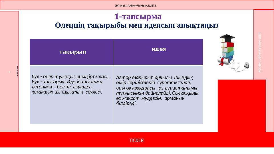 1-тапсырма Өлеңнің тақырыбы мен идеясын анықтаңыз тақырып идея Бұл - өнер туындысының іргетасы. Бұл – шығарма. Әдеби шығ