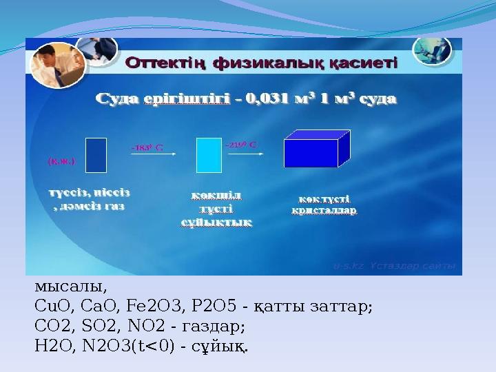 мысалы, CuO, CaO, Fe2O3, P2O5 - қатты заттар; CO2, SO2, NO2 - газдар; H2O, N2O3(t<0) - сұйық.