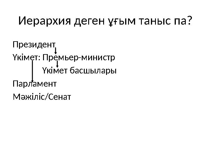 Иерархия деген ұғым таныс па? Президент Үкімет: Премьер-министр Үкімет басшылары Парламент Мәжіліс/Сенат