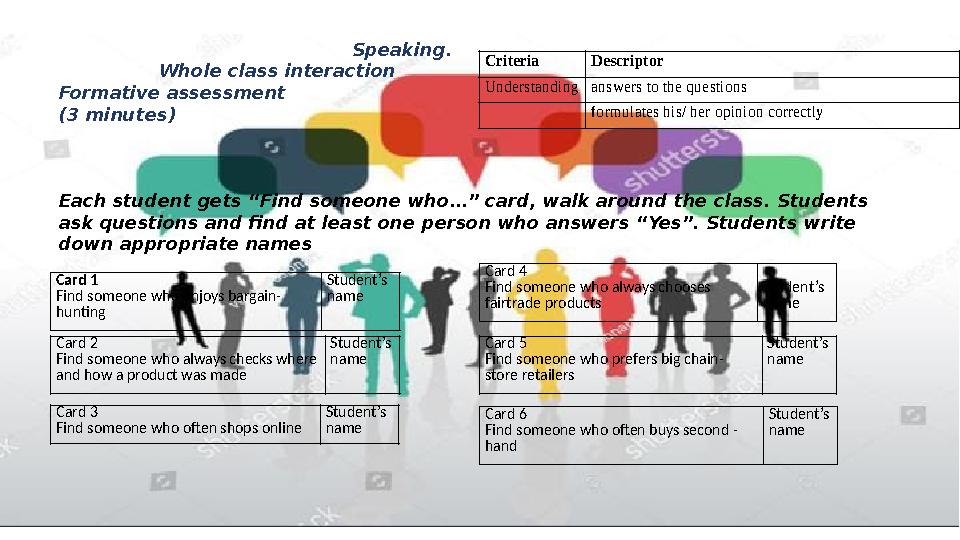 Speaking. Whole class interaction Formative assessment (3 minut