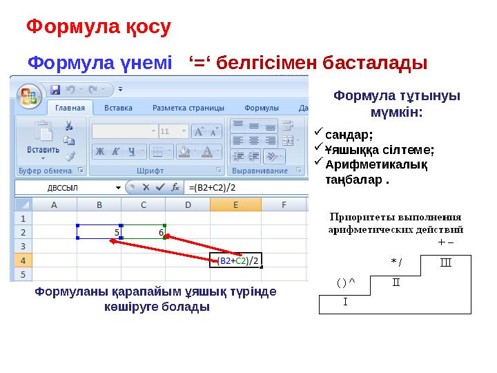 Формула қосу Формула үнемі ‘ = ‘ белгісімен басталады Формула тұтынуы мүмкін:  сандар;  Ұяшыққа сілтеме;  Арифметикал