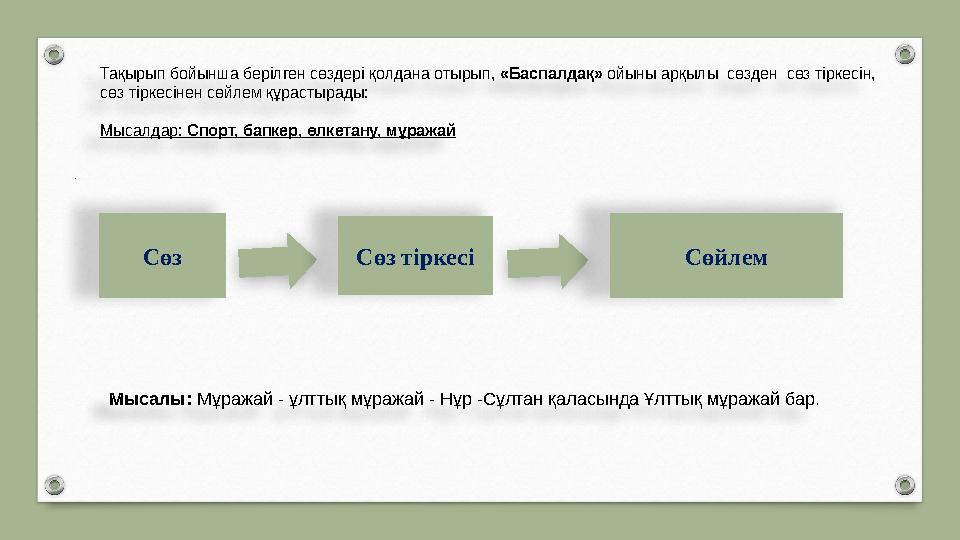 Тақырып бойынша берілген сөздері қолдана отырып, «Баспалдақ» ойыны арқылы сөзден сөз тіркесін, сөз тіркесінен сөйлем құраст