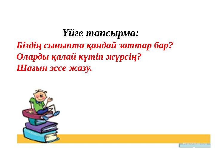 Үйге тапсырма: Біздің сыныпта қандай заттар бар? Оларды қалай күтіп жүрсің? Шағын эссе жазу.