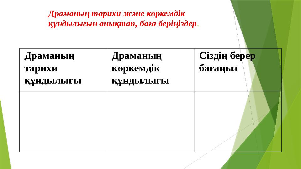 Драманың тарихи және көркемдік құндылығын анықтап, баға беріңіздер . Драманың тарихи құндылығы Драманың көркемдік құндылығы Драманың тарихи және көркемдік құндылығын анықтап, баға беріңіздер . Драманың тарихи құндылығы Драманың көркемдік құндылығы