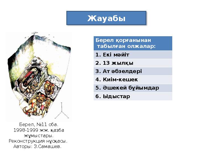 Жауабы Берел, №11 оба. 1998-1999 жж. қазба жұмыстары. Реконструкция нұсқасы. Авторы: З.Самашев. Берел қорғанынан табылған