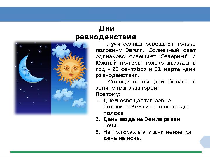 Дни равноденствия Лучи солнца освещают только половину Земли. Солнечный свет одинаково освещает Северный и