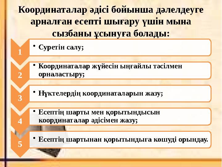 Координаталар әдісі бойынша дәлелдеуге арналған есепті шығару үшін мына сызбаны ұсынуға болады: 1 • Суретін салу; 2 • Координа