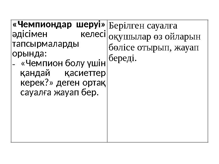 «Чемпиондар шеруі» әдісімен келесі тапсырмаларды орында: - «Чемпион болу үшін қандай қасиеттер керек?» деген ортақ сауа