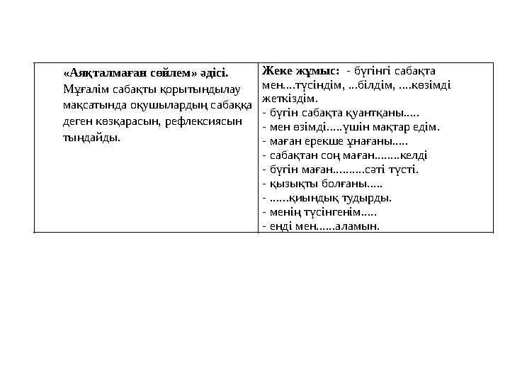 «Аяқталмаған сөйлем» әдісі. Мұғалім сабақты қорытындылау мақсатында оқушылардың сабаққа деген көзқарасын, рефлексиясын тыңдай