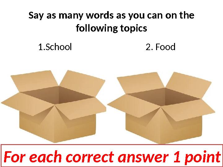 Say as many words as you can on the following topics 1.School 2. Food For