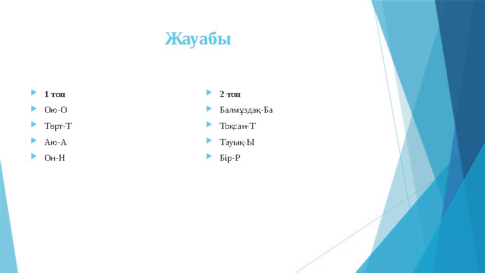 Жауабы  1 топ  Ою-О  Төрт-Т  Аю-А  Он-Н  2 топ  Балмұздақ-Ба  Тоқсан-Т  Тауық-Ы  Бір-Р