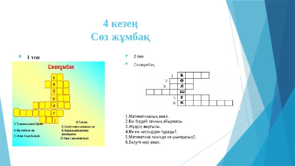 4 кезең Сөз жұмбақ  1 топ  2 топ  Сөзжұмбақ 1.Математикалық амал. 2.Екі бірдей санның айырмасы. 3.Жүздің жартысы. 4.Не екі ке