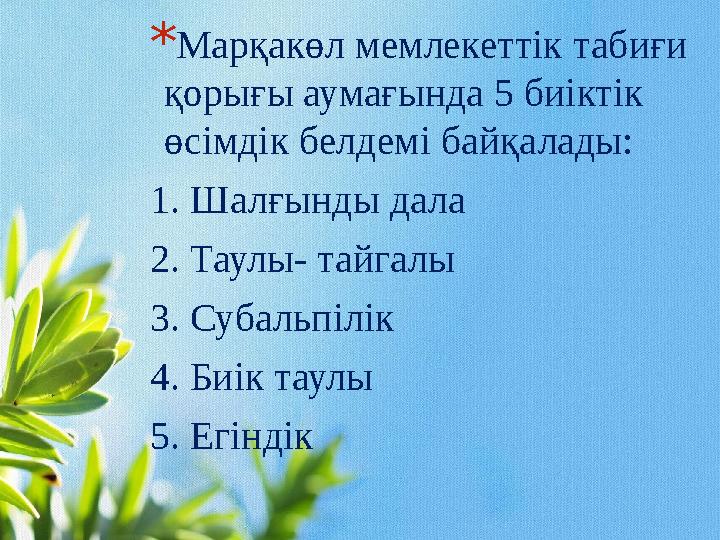 * Марқакөл мемлекеттік табиғи қорығы аумағында 5 биіктік өсімдік белдемі байқалады: 1. Шалғынды дала 2. Таулы- тайгалы 3. С