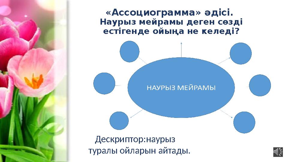 «Ассоциограмма» әдісі . Наурыз мейрамы деген сөзді естігенде ойыңа не келеді? Дескриптор:наурыз туралы ойларын айтад