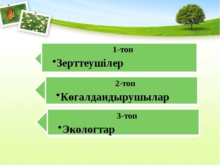 1-топ • Зерттеушілер 2-топ • Көгалдандырушылар 3-топ • Экологтар