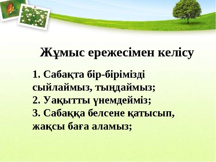 Жұмыс ережесімен келісу 1. Сабақта бір-бірімізді сыйлаймыз, тыңдаймыз; 2. Уақытты үнемдейміз; 3. Сабаққа белсене қатысып, жақ