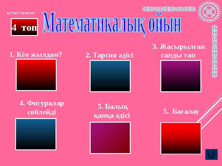 1. Кім жылдам? 2. Тарсия әдісі 3. Жасырылған санды тап 5. Балық қанқа әдісі4 топҚАТЫСУШЫЛАР 4. Фигуралар сөй