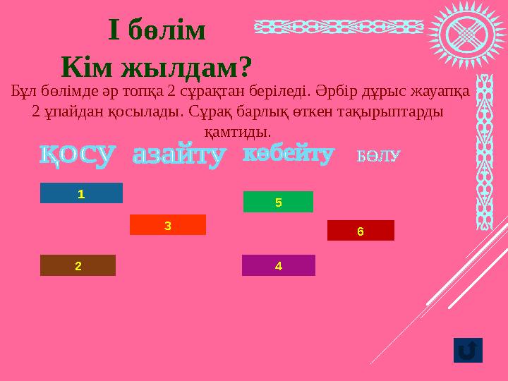 1 2 5 63 4І бөлім Кім жылдам? Бұл бөлімде әр топқа 2 сұрақтан беріледі. Әрбір дұрыс жауапқа 2 ұпайдан қосылады. Сұрақ барлық