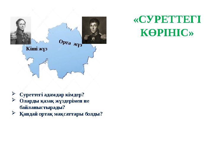 Кіші жүзО рта ж үз «СУРЕТТЕГІ КӨРІНІС»  Суреттегі адамдар кімдер?  Оларды қазақ жүздерімен не байланыстырады?  Қандай