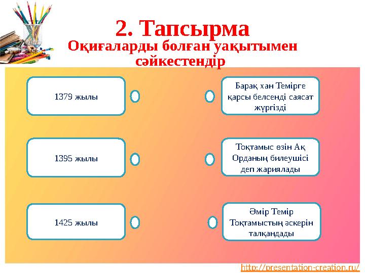 http://presentation-creation.ru/2 . Тапсырма Оқиғаларды болған уақытымен сәйкестендір 1379 жылы 1395 жылы Тоқтамыс өзін Ақ Ор