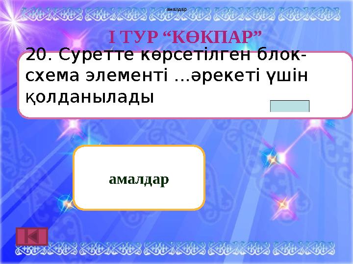 І ТУР “КӨКПАР” амалдар20. Суретте көрсетілген блок- схема элементі ...әрекеті үшін қолданылады амалдарамалдарамалдар