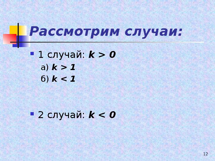 12Рассмотрим случаи:  1 случай: k > 0 а) k > 1 б) k < 1  2 случай: k < 0