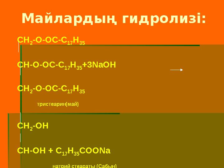 Майлардың гидролизі: CH 2 -O-OC-C 17 H 35 CH-O-OC-C 17 H 35 +3NaOH CH 2 -O-OC-C 17 H 35 тристеарин(май) CH 2 -OH