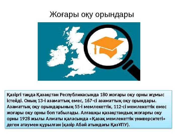 Жо ғары оқу орындары Қазіргі таңда Қазақстан Республикасында 180 жоғары оқу орны жұмыс істейді. Оның 13-і азаматтық емес, 167-с