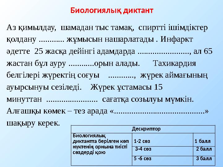 Биологиялық диктант Аз қимылдау, шамадан тыс тамақ, спиртті ішімдіктер қолдану ............ жұмысын нашарлатады . Инфаркт