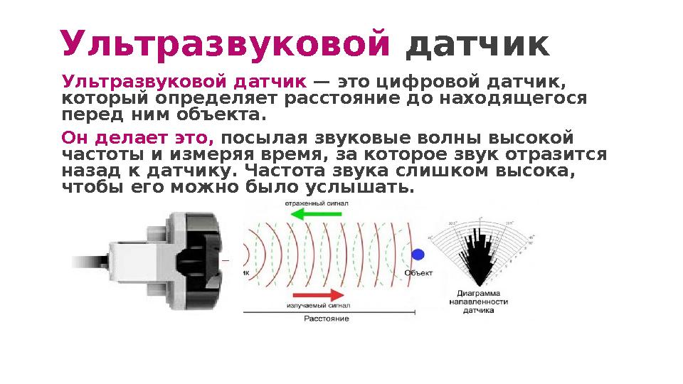 Ультразвуковой датчик Ультразвуковой датчик — это цифровой датчик, который определяет расстояние до находящегося перед ним
