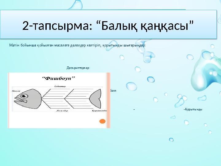 2-тапсырма: “Балық қаңқасы” Мәтін бойынша қойылған мәселеге дәлелдер келтіріп, қорытынды шығарыңдар: