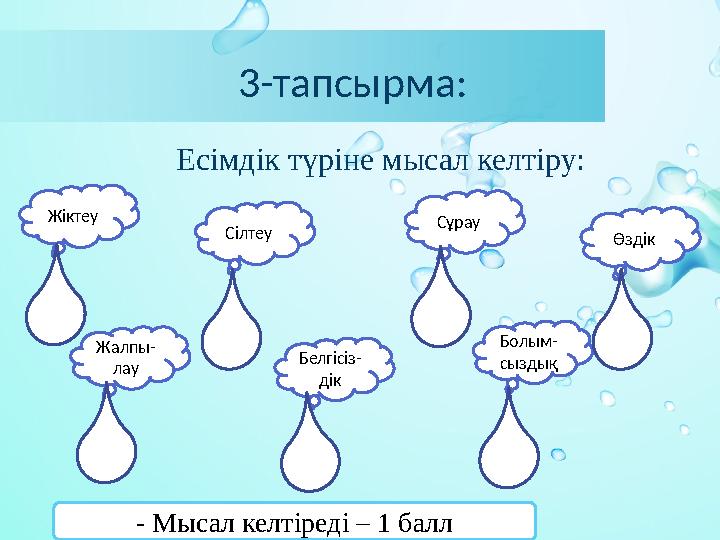 3-тапсырма: Есімдік түріне мысал келтіру: Жіктеу Жалпы- лау Сілтеу Белгісіз- дік Сұрау Болым- сыздық Өзд