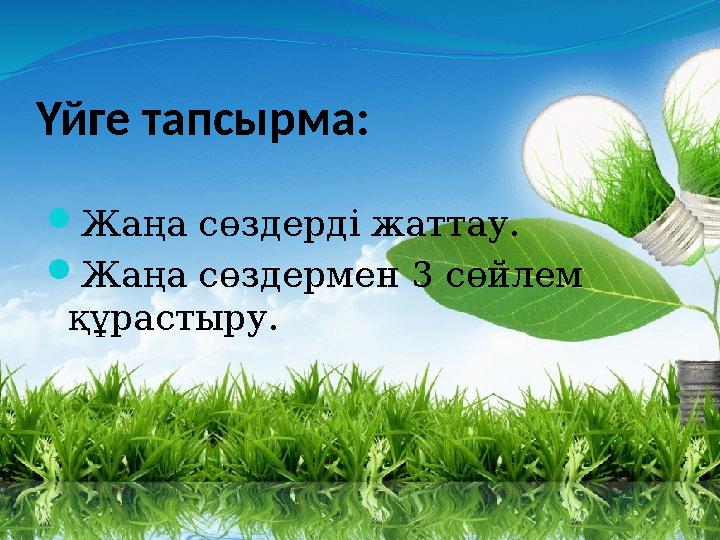 Үйге тапсырма:  Жаңа сөздерді жаттау.  Жаңа сөздермен 3 сөйлем құрастыру.