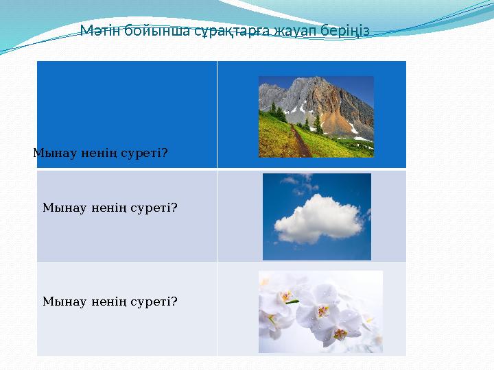 Мәтін бойынша сұрақтарға жауап беріңіз Мынау ненің суреті?Мынау ненің суреті? Мынау ненің суреті?Мынау ненің суреті?