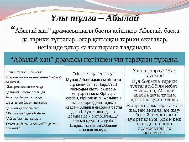 Ұлы тұлға – Абылай “ Абылай хан” драмасындағы басты кейіпкер-Абылай, басқа да тарихи тұлғалар, олар қатысқан тарихи оқиғалар,