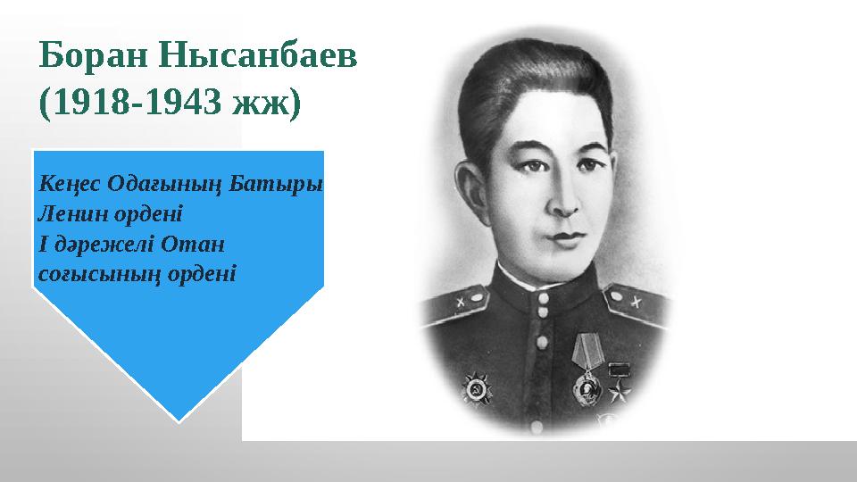 Боран Нысанбаев (1918-1943 жж) Кеңес Одағының Батыры Ленин ордені І дәрежелі Отан соғысының ордені