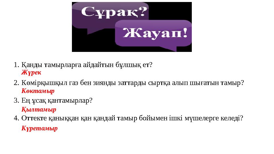 1. Қанды тамырларға айдайтын бұлшық ет? 2. Көмірқышқыл газ бен зиянды заттарды сыртқа алып шығатын тамыр? 3. Ең ұсақ қантамырлар