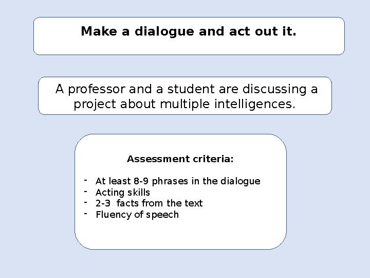 Make a dialogue and act out it. Assessment criteria: - At least 8-9 phrases in the dialogue - Acting skills - 2-3 facts from t