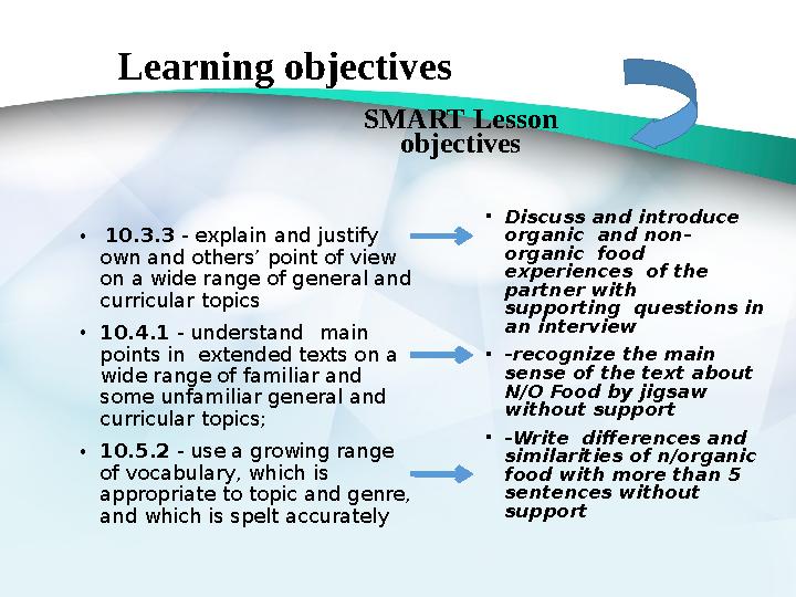 Learning objectives • 10.3.3 - explain and justify own and others’ point of view on a wide range of general and curricular