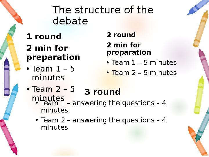 The structure of the debate 1 round 2 min for preparation • Team 1 – 5 minutes • Team 2 – 5 minutes 3 round • Team 1 – answ